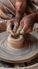 Skilled hands meticulously shape clay on a spinning pottery wheel, showcasing the artistry of traditional craft.
