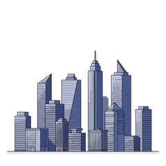 A minimal flat 2D vector illustration showcases a clean city skyline composed of various modern office towers, standing isolated on a bright white background, conveying urban simplicity.