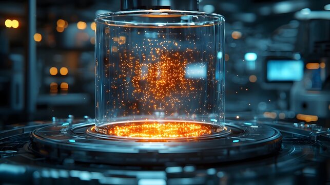 Futuristic quantum computer with glowing particles in a high tech lab
