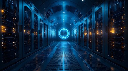Futuristic quantum server room with glowing energy sphere