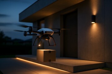 Innovative logistics drone landing smoothly at sleek house doorstep, highlighting automation, efficiency, and elegance in contemporary residential living