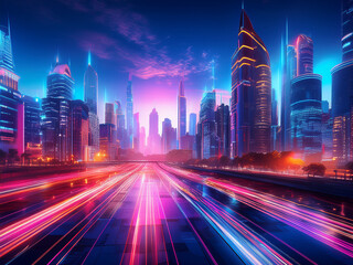 Fototapeta premium Illustration of glowing highways and towers fostering curiosity and innovation awareness for children 