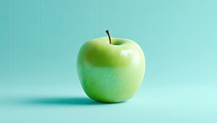 A single vibrant green apple sits centered on a smooth teal background.