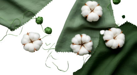 Gentle cotton blooms on soft sage fabric evoke sustainable fashion with high contrast on a black