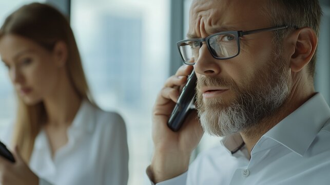 Man talking on phone. A businesswoman is frustrated by manager of her office. The smartphone of the field of displeasure of the ceo. A man conversing on the phone lifestyle.