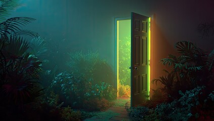 A glowing green-yellow light spills from an open door in a lush, misty, nocturnal jungle setting, revealing a hidden, vibrant interior