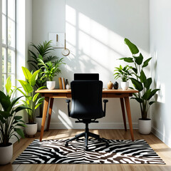 Modern home office with a wooden desk and black chair surrounded by lush green plants