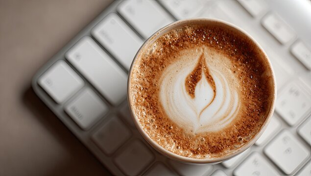 Overhead close-up of a latte with latte art in a disposable cup resting on a white keyboard
