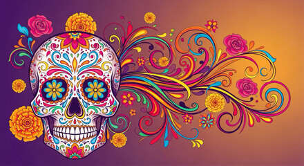Abstract decorative background with swirls, flowers, and sugar skull.