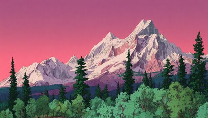 A stylized, digital painting of snow-capped mountains at sunset, viewed from a lush forest of evergreen and deciduous trees.  Pink and purple hues dominate the sky