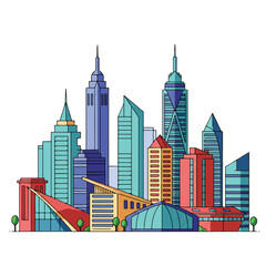 Colorful skyline of modern architectural buildings presented as a vibrant flat 2D vector illustration, set against a pristine white background for a clean, contemporary look.