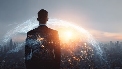 A businessman's back is visible, gazing at a futuristic cityscape enveloped by a glowing translucent globe at sunrise, symbolizing global connectivity and future prospects