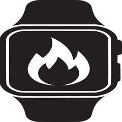 A black and white graphic of a smart watch displaying a white flame icon on its screen face