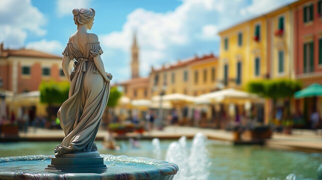 Statue woman in fountain. Realistic video of the piazza fano lady in italy settembre xx. Statue of a local in the atmosphere of a fountain with tourists and locals. Fountain featuring a lifestyle.