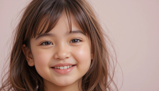 Close-up portrait of a cheerful child with radiant smile and glowing cheeks. The child looks straight at the camera with sparkling eyes. Plain bright background.