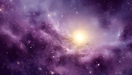 Fototapeta premium A vibrant nebula swirls in purple and lavender hues, a bright star shining at its center, surrounded by countless smaller stars and cosmic dust