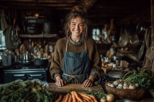 Smiling woman in rustic kitchen wearing apron, surrounded by fresh organic vegetables including carrots and turnips, promoting sustainable cooking and homestead lifestyle