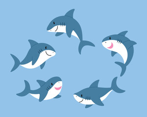 Obraz premium set of friendly shark cartoon , cute underwater shark character, sea life animal, isolated child aquamarine life illustration