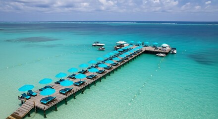 Aerial view of a long pier with blue umbrellas and boats in clear blue water