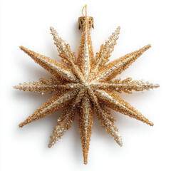 A gold star with glittery decorations is hanging from a string. Star concept.