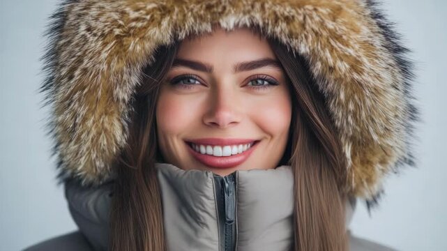A happy woman wears a fuzzy headpiece and smiles at the camera