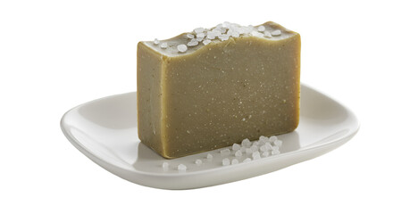 Luxurious olive green soap resting elegantly on a pristine white dish sprinkled with sea salt