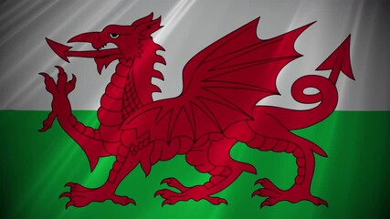 Wales flag large 4K video animation of  Welsh flag featuring a red dragon on a field of white and green horizontal bands or stripes