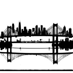 Striking city skyline silhouette with bridge reflection