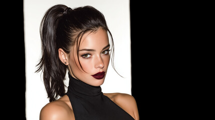 Elegant brunette woman with high ponytail hairstyle, bold dark lipstick, and sleeveless black top posing confidently against a minimal studio background in high fashion style