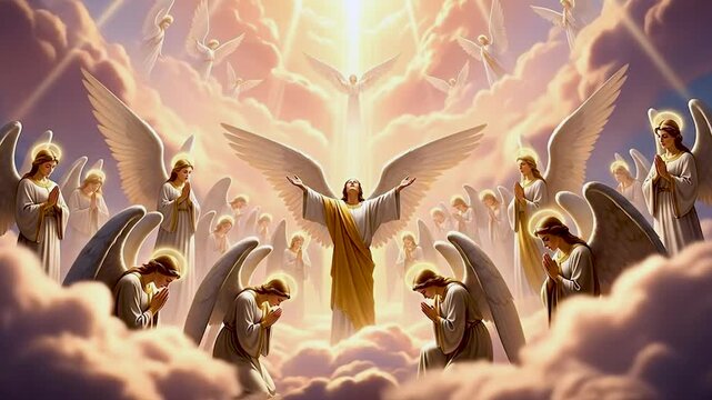 A host of angels worshiping gathered in the heavens with divine light