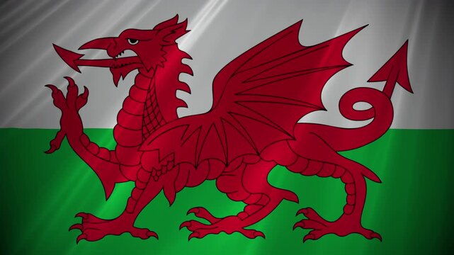 Wales flag large 4K video animation of  Welsh flag featuring a red dragon on a field of white and green horizontal bands or stripes