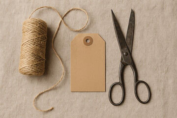 Vintage scissors, kraft paper tag and jute twine on beige linen background