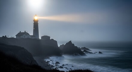Coastal Beacon: Lighthouse Illuminating Foggy Cliffs and Crashing Waves at Dusk