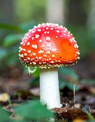 Close-up of a bright red mushroom