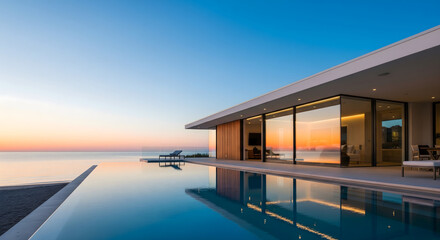 A modern house with an infinity pool sits by the calm ocean during a vibrant sunset, reflecting the warm sky and creating a peaceful scene.