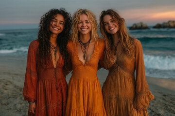 Three happy women in flowing boho dresses standing arm in arm on the beach at sunset, celebrating friendship, natural beauty, freedom, sisterhood, and bohemian lifestyle by the ocean