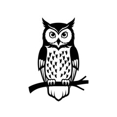 Majestic Owl Perched on a Branch: Monochrome Bird Illustration