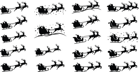 Santa sleigh silhouette collection, flying reindeer vector design, Christmas festive icon set, holiday celebration clipart, cad drawing flat illustration