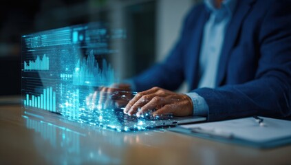 A businessman's hands hover over a laptop keyboard, with holographic graphs and data seemingly emanating from the screen, illustrating technological integration in business analytics