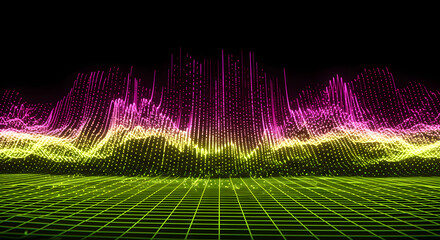 Abstract Neon Wave Grid, Futuristic Digital Data Visualization in Pink and Green