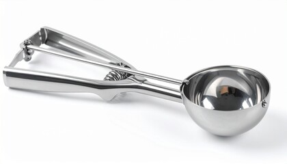 Stainless steel ice cream scoop with mechanical trigger and polished hemispherical bowl, isolated on a clean background