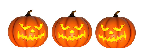 3d set of spooky pumpkins on transparent background