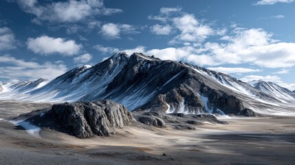 Majestic mountains, dusted with snow, rise against a vibrant blue sky, showcasing a breathtaking arctic landscape.