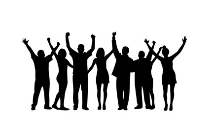 Silhouette of Jubilant Colleagues: Silhouette of a team's triumphant moment, with arms raised high against a clear backdrop. Depicting the collective triumph, camaraderie.