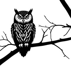 Majestic owl perched on branch, monochrome beauty