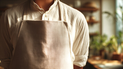 Close-up view of a person wearing a vintage embroidered apron with textured smocking detail in a softly lit room