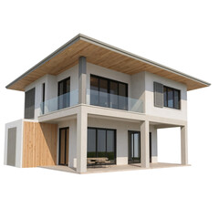 Architectural rendering showcasing a modern two-story house design with clean lines and bright