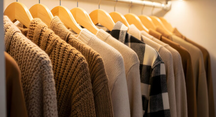 Obraz premium A row of cozy sweaters hangs neatly on wooden hangers in a closet, showcasing a variety of textures and neutral colors for a stylish wardrobe.