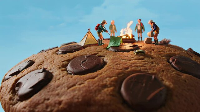 Miniature campers set up a campfire on a giant cookie under a clear blue sky