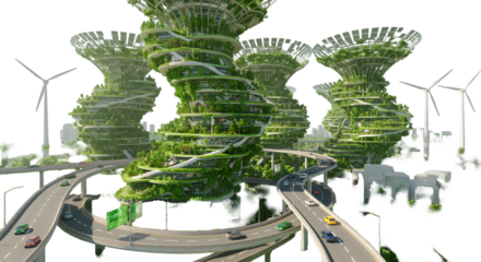 A vibrant green city of the future where skyscrapers bloom with life and winds power change with